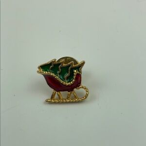 Vintage Enamel Mini Christmas Tree in a Sleigh Pin